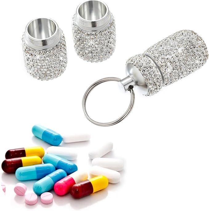 Bling Portable Pill Case with Keychain，Bling Rhinestone Small Fancy Pills Container Glitter Waterproof Holder Keychain for Women Aluminum Bottle Reusable for Outdoor Camping. (Silver)