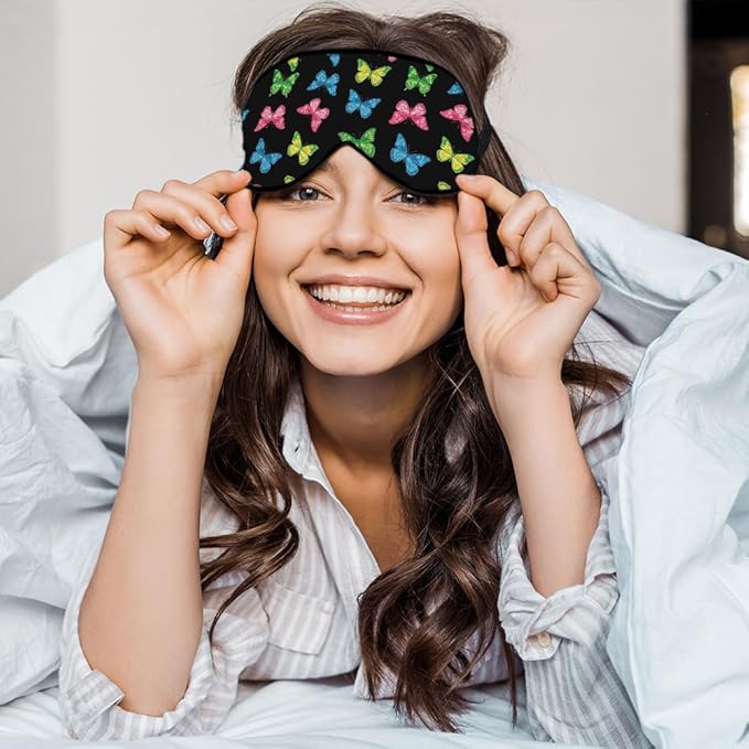 Rainbow Butterfly Sleep Mask Eye Mask Black Blue Pink Purple Butterfly Sleep Mask Light Blocking Adjustable Smooth Soft Eye Masks for Women Deep Rest Travel