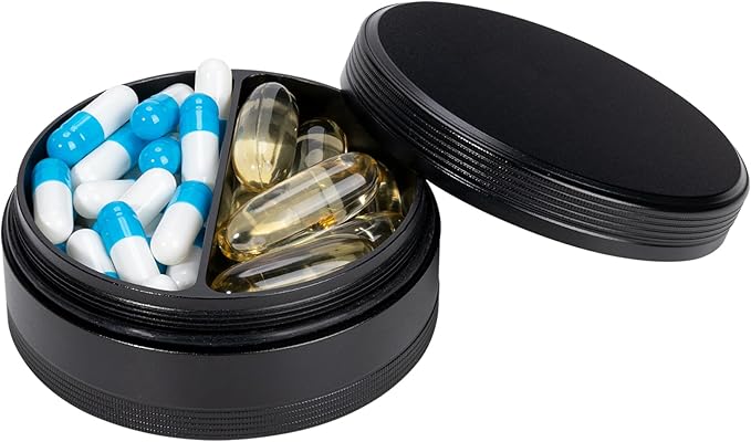 2 Compartment Metal Pill Box - Waterproof Aluminium Travel Pill Case Daily Purse Pocket Medicine Container, Portable Pill Organizer Holder for Medication, Vitamins, Fish Oils