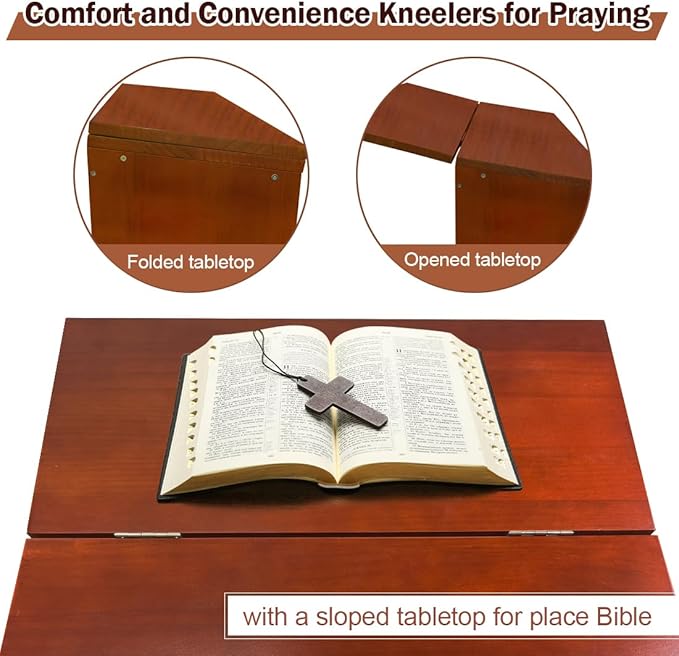 Wooden Prayer Kneeler with Storage Shelf & Cushion - Folding Prayer Bench for Home and Church, Comfortable Kneeling Devotional Pew Bench, 32" H x 22" W