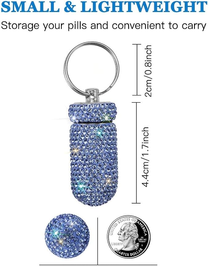 Portable Pill Case Pill Container Waterproof Pill Holder with Keychain Bling Pill Box Medicine Dispenser Bottle Storage for Outdoor Camping Travel (Sky Blue)