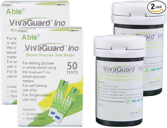 Vivaguard Ino Blood Glucose Test Strips for Diabetes - 100 Counts Accurate Diabetic Test Strips for Monitoring Blood Sugar - Compatible with Vivaguard Ino Glucometers Only, Green