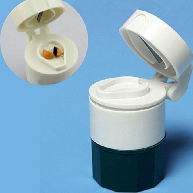 Pill Box, Premium Practical Pill Tablet Medicine Cutter Grinder Crusher Storage Organizer Box Case - White + Army Green