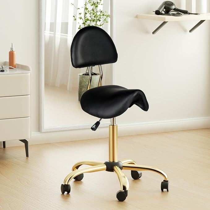 OmySalon Drafting Chair,Ergonomic Saddle Stool with Back Support,Tall Adjustable Rolling Stool with Thick Seat Cushion, Office Computer Chair for Salon Barber Spa Home Bar, Black Gold