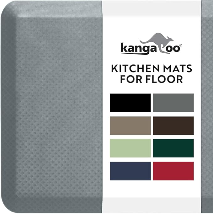 KANGAROO Thick Ergonomic Anti Fatigue Mats for Kitchen Floor, 48x20, Cushioned Standing Office Desk Mat, Waterproof Scratch Resistant Topside, Supportive All Day Comfort Padded Foam Rugs, Grey
