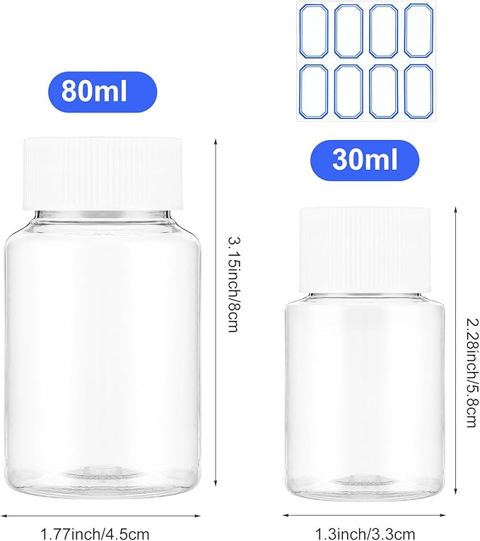6 Pcs Clear Pill Bottle 30ml/80ml Plastic Medicine Containers Sample Jar with Caps Refillable Tablet Storage Holder Empty Reagent Chemical Organizers Small Travel Pill Cases for Liquid Solid