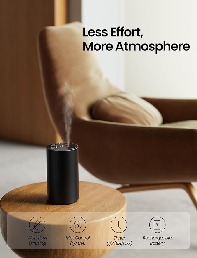 Waterless Essential Oil Diffuser, Rechargeable Scent Diffusers with 3 Mist Levels & Timers, Portable Aromatherapy Diffuser for Home Car Room Studio Office, Black Metal