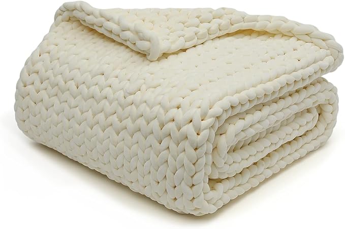 YnM Velvet Weighted Blanket, Handmade Chunky Knitted Design, Soft and Cozy, Temperature Regulating and Breathable, Machine Washable Throw for Sleep or Home Decor (Cream, 85x103 Inch, 30lbs)