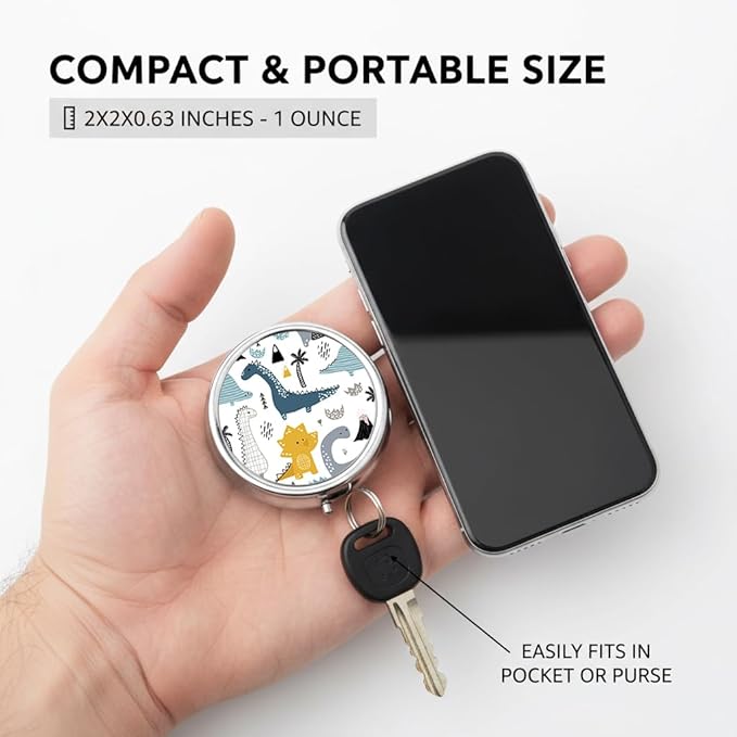 Cute Dinosaur Pill Box 3 Compartment Small Pill Case,Portable for Pocket or Purse Pill Organizer Pill Container Holder with Mirror to Hold Vitamins, Medication, Fish Oil and Supplements