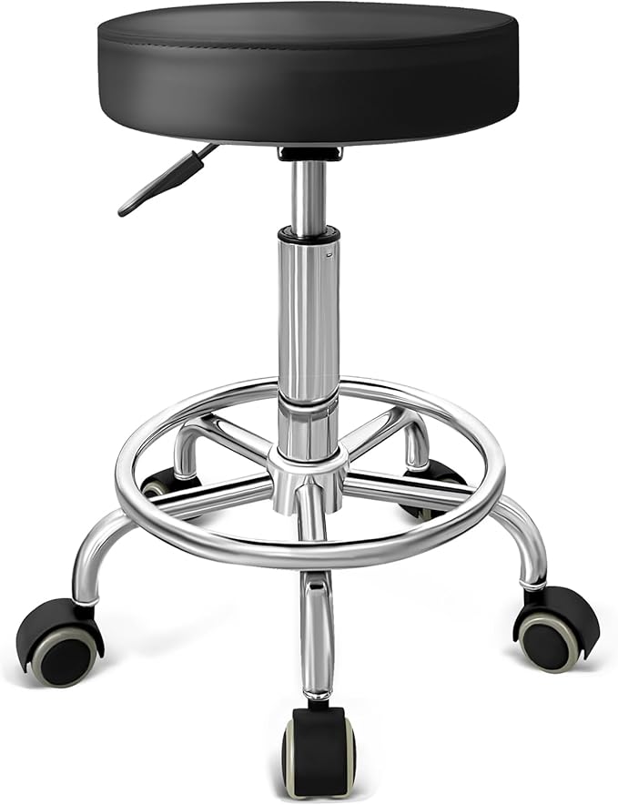 PU Leather Rolling Stool with Foot Rest Round Height Adjustment Swivel Spa Drafting Salon Tattoo Work Office Massage Vanity Stools Task Chair (Black)