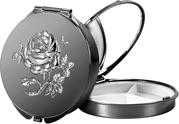 Portable Metal Pill Case with Mirro, Featuring 3 Compartments—Perfect for Travel. BPA-Free. (S-Black, Small)