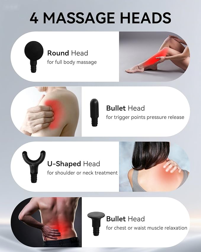 Massage Gun with Extended Handle, Upgraded U-Shaped Back Massager, Reaches Hard-to-Access Muscles, 4 Massage Heads & 4 Speed Levels, Body Massager for Back, Waist, Neck, Shoulder, Leg, Black