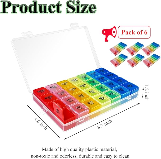 6 Pack Pill Organizer Monthly Weekly Pill Organizer 4 Times a Day XL Large Pills Organizer 7 Day Pills Organizers 4 Times a Day