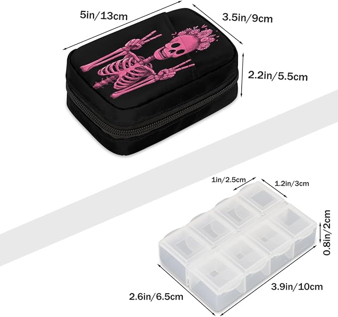 Pink Skull Fun Pill Case Travel Pill Organizer Weekly 7 Day Portable with Zipper Medicine Box Pill Case for Vitamins, Birth Control,Fish Oils,Medication, Supplements