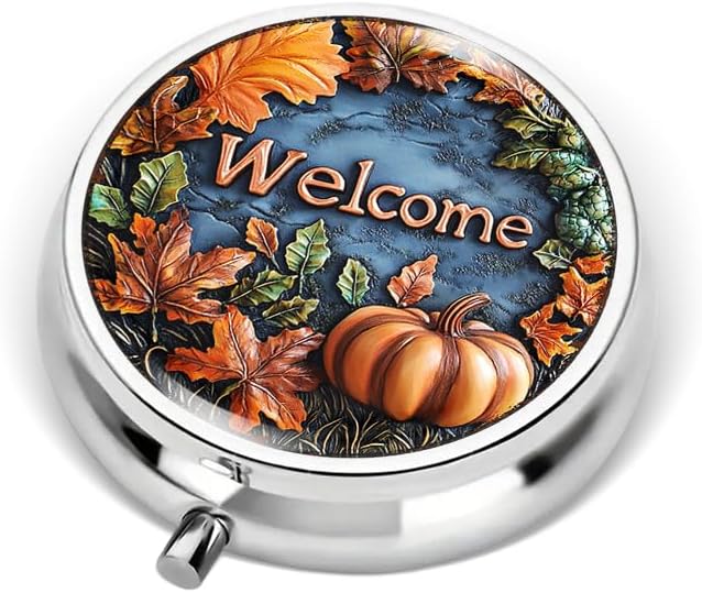 Portable Round 3 Compartment Metal Pill Box Fall Pumpkins Welcome for Kitchen Office Gathering Picnic
