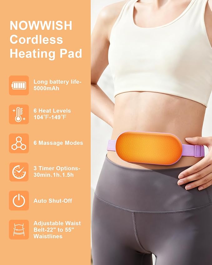 NOWWISH Upgraded Graphene Heating Pad for Period Cramps Pain Relief, Portable Electric Cordless Menstrual Heating Pad with 6 Heat Levels 6 Massage Modes 3 Timer, Easter Gifts for Women Girls, Purple