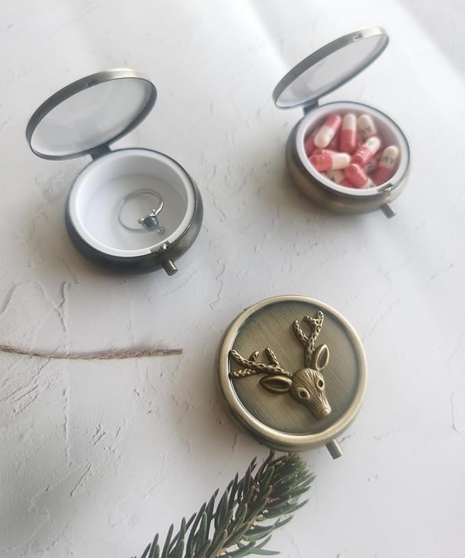 Antique Pill Box Travel Pill Case - Cute Daily Pill Organizer Small Pill Box for Purse, Mini Pocket Pill Case, Round Metal Pill Organizer (Deer)