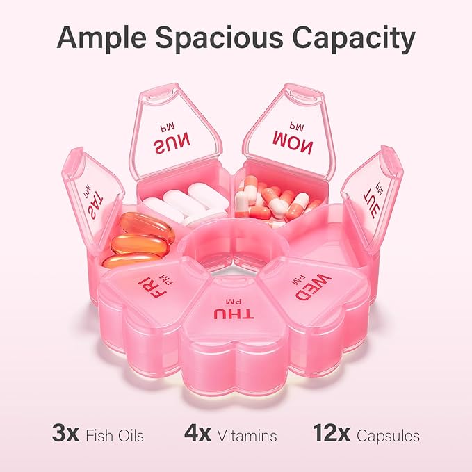 Weekly Pill Organizer, 7 Day AM/PM Pill Box with 14 Compartments, 2 Times a Day Travel Pill Case for Vitamins, Medicine, Fish Oil & Supplements (Pink)