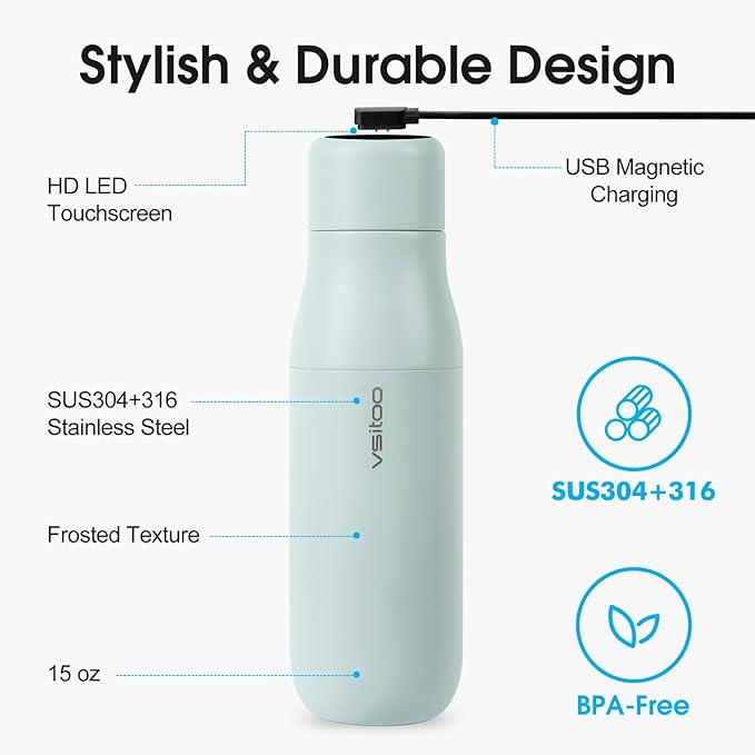VSITOO 14.8oz Mini Smart Self-Cleaning Water Bottle，Small Insulated Stainless Steel Thermoses with AI Self-Clean, 30-Day Battery & Magnetic Charging for Travel, Gym, Office or Purse, Blue