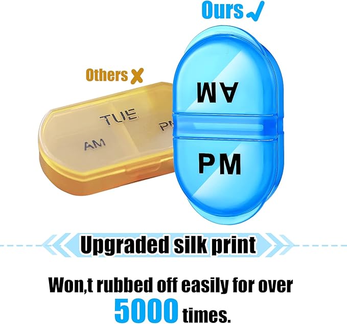 6 Pack Pill Organizer Pocket Small Case Holder Am Pm Pill Case Portable Two Compartment Round Travel 2 Times a Day for Vitamin Medication Supplement(Blue)