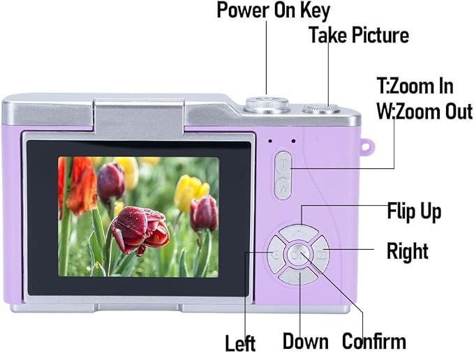 48MP Digital Camera, 1080P Video Camera, 8X Zoom, 2.4 Inch HD Flip Screen, LED Fill Light, Long Battery Life, with Multiple Functions for Entertaining Photography (Purple)