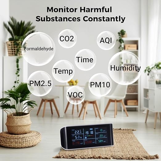 BOSREROY Portable 9-in-1 Air Quality Monitor, Indoor CO2, VOC, and Formaldehyde Detector with AQI, PM2.5 for Home Monitoring, Air Quality Tester with Clear Display