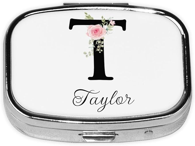 Custom Pill Box Personalized Square Small Pill Case with Mirror Add Your Photo Text Logo Name Decorative 2 Compartment Portable Metal Medicine Container Vitamin Organizer for Pocket Purse Travel (T)