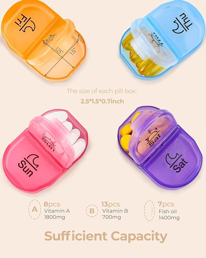 Cute Pill Organizer 2 Times a Day, PU Leather Pill Case for Women, Portable Weekly Pill Box for Purse with Storage Bag to Hold Vitamins, Medications, Fish Oils, Supplements (Beige)