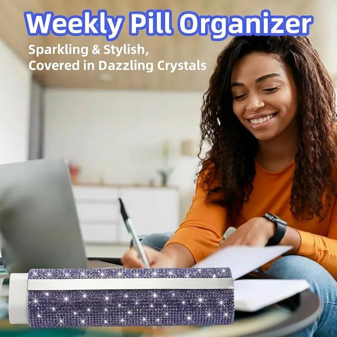 Pill Case for Purse Bling 7-Day Pill Organizer Weekly Compact Medicine Containers Travel Medication Box Holder for Traveling Women(Purple)