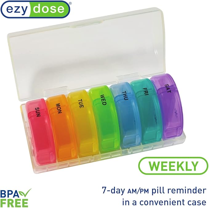 Ezy Dose Weekly (7-Day) Daily Pill Case, Medicine Planner, Vitamin Organizer Container, Travel Friendly, Easy to Use, X-Large Removable Individual Compartments, 2 Times a Day, Rainbow Lids, BPA Free