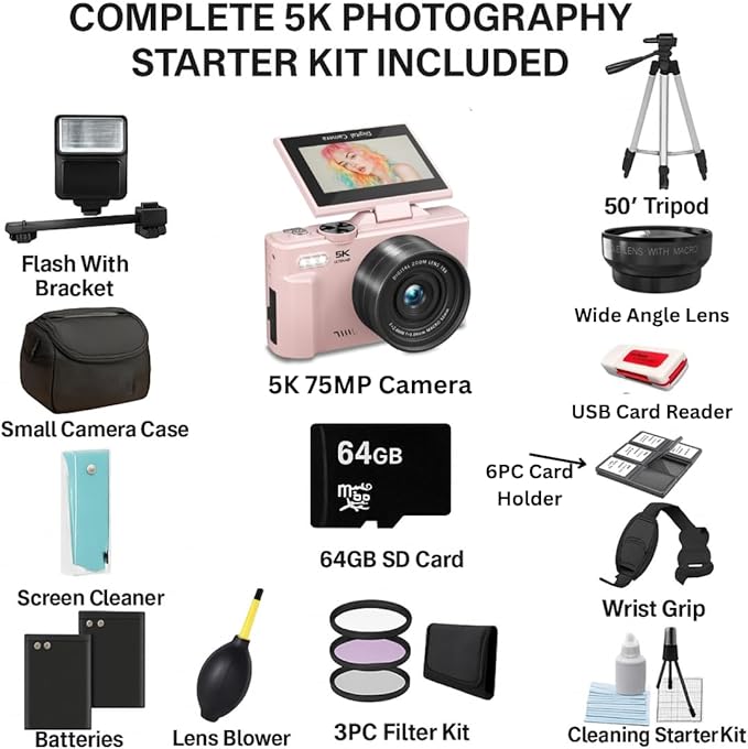 4K/5K Digital Camera – 75MP Vlogging Camera for YouTube, 180° Flip Screen, 18X Zoom, WiFi – Pink Ultimate Kit with 64GB Card, 50" Tripod, Carrying Case, Macro/Wide Lens, Flash & Filters – Acuvar