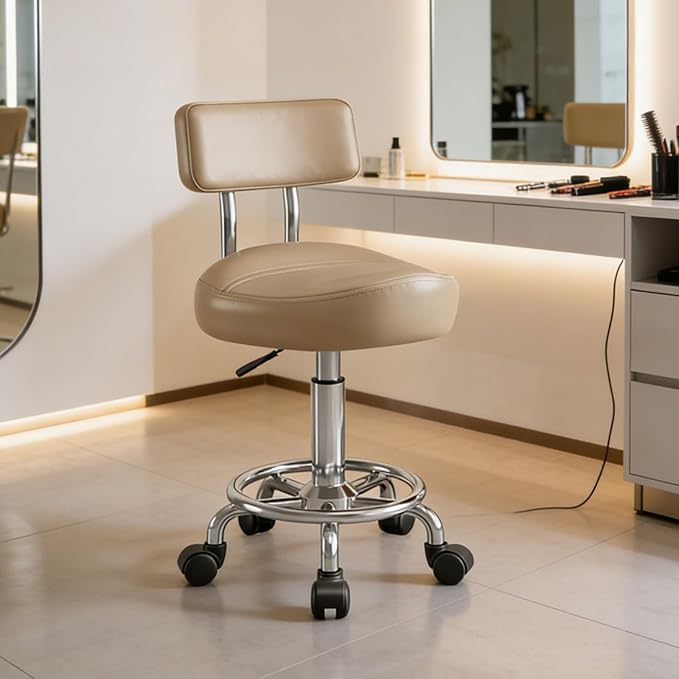 Saddle Stool with Back and Ring Pedal, Adjustable Hydraulic Rolling Chair with Wheels for Salon, Spa, Medical, Massage & Drafting Use Khaki