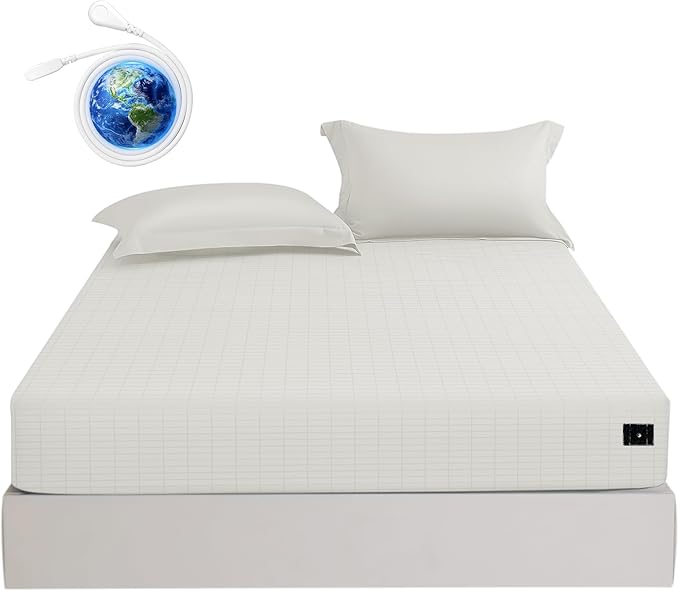 Grounding Sheets Twin Size Premium Cotton for Healthy Sleep Therapy, Deep Pocket Grounding Fitted Sheets Includes Grounding Cord (Beige, Twin -39"x75"x14")