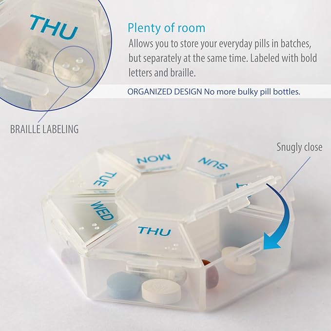 Deke Home - Medicine Pill Organizer with Braille Labeling (2 Pack), 14 Day Pill Boxes, Clear Lids, 2 Week Pill Organizer, Weekly Organizer for Medication Management, Compact, Easy Viewing