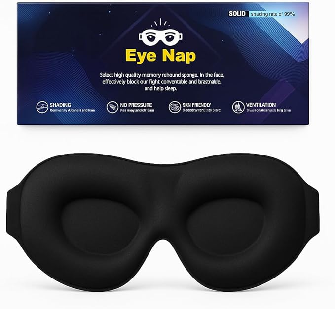 3D Contoured Sleep Mask for Side Sleepers, Light-Blocking Memory Foam Eye Mask with Adjustable Strap, Zero Eye Pressure, Soft Breathable Comfort for Deep Sleep, Travel & Naps