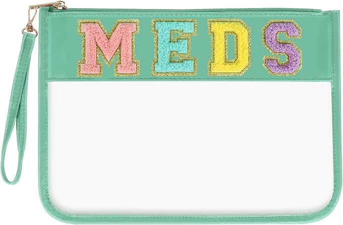 Chenille Letter Bag Clear Makeup Pouch, Preppy Patch Small Medicine Bag Travel Drugs Pills Zipper Pouch With Wristlet, Waterproof Portable Meds Storage Organizer for Patient Nurse (MEDS-Green)