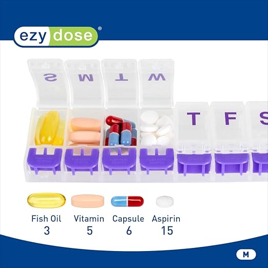 EZY DOSE Weekly (7-Day) Pill Case, Medicine Planner, Vitamin Organizer Box, Medium Push-Button Compartments, Convenient and Easy to Use, Color May Vary, BPA Free