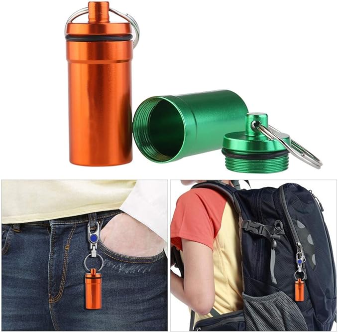 Ulalaza Waterproof Aluminum Pill Holder with Keychain Outdoor Medicine Bottle Seal First Aid Drug Holder