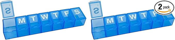Amazon Basic Care Weekly Pill Organizer, 7-Day, Medium Compartments, Medicine Box, Blue (Pack of 2)