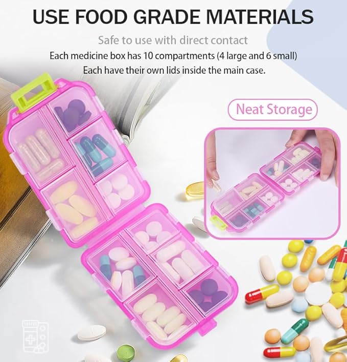 Travel Pill Organizer Portable Pocket Pill Case Small Pill Box for Purse Medicine Organizer Have 10 Compartments Storage Vitamin Fish Oil by INVODA (1PCS Pink+Lables)