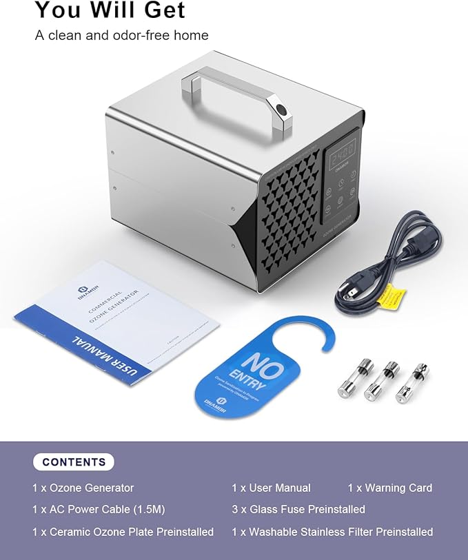 ONAMOR Digital Ozone Generator Odor Eliminator 180,000mg, High Capacity Ozone Machine Odor Removal Up to 8,000 Sq.Ft, Ozone Odor Eliminator, Ionizer Ozonator for Home, Car, Smoke, Pet Room (Sliver)