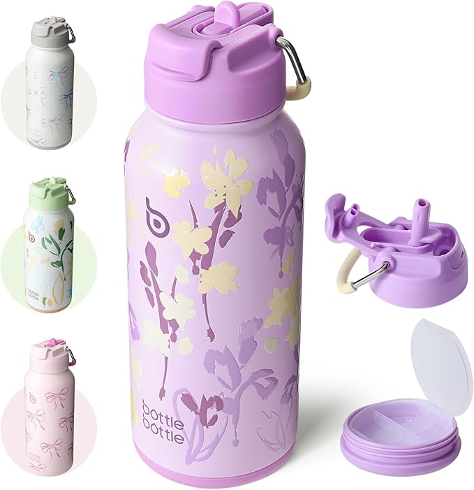 BOTTLE BOTTLE 32oz Insulated Water Bottle Stainless Steel Sport Water Bottle with Straw Dual-use Lid Design for Gym with Pill Box