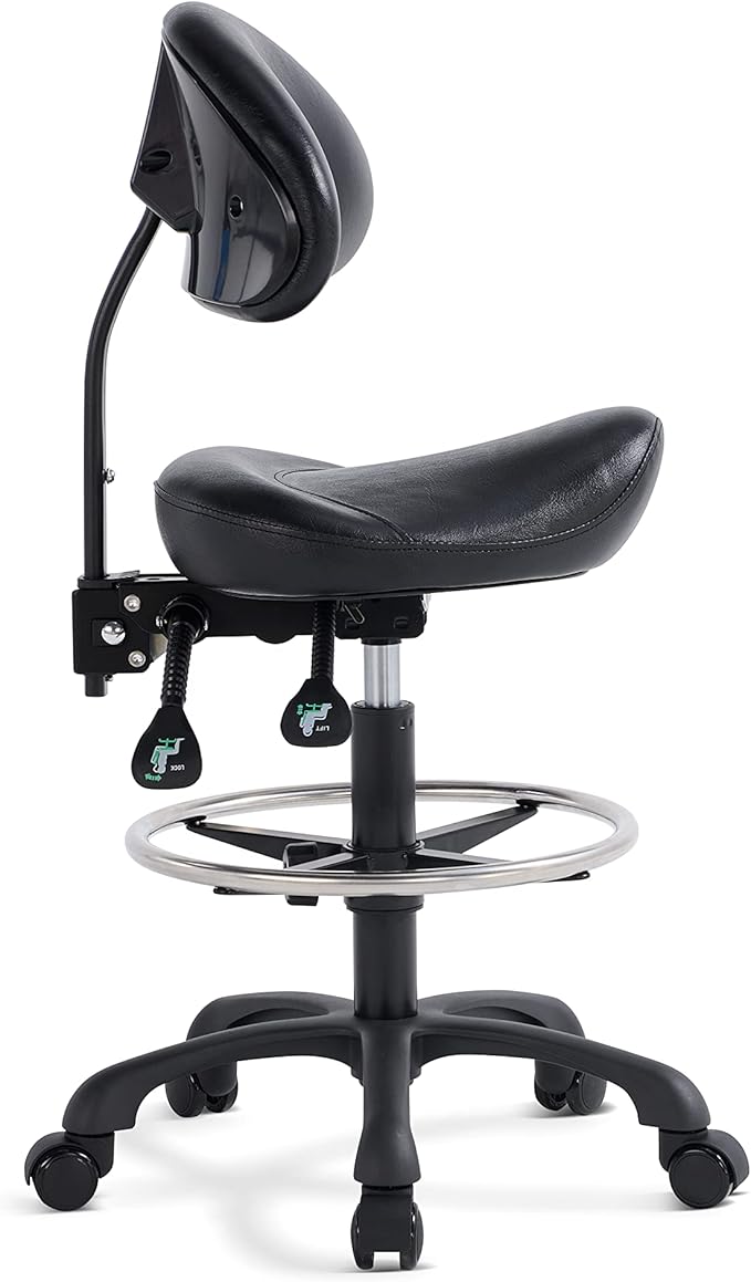Swivel Rolling Stool Round Chair,Thick Sturdy Padding,Adjustable Stool with Wheels for Doctor,Medical,Massage Salon,Office,Shop(with New Back, Black)