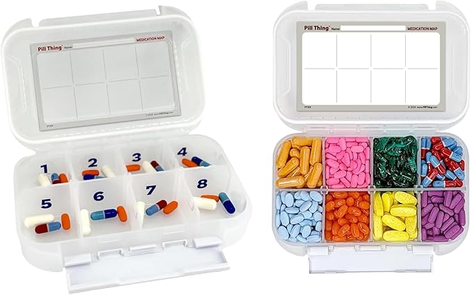 8 Time a Day Travel Sized Pill Case with Large Compartments and Airtight Seal, Adjustable Dividers, Silicone Gasket Waterproof Med Box, Numbered Stickers and Medication Map (Clear, 2 Pack)