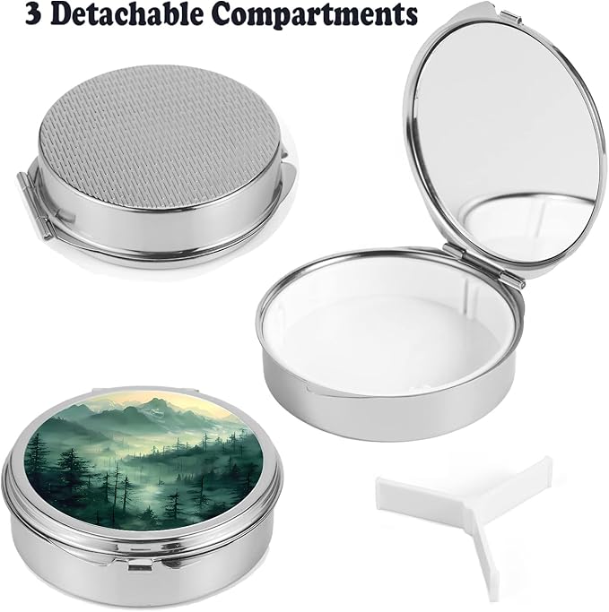 Small Pill Box 3 Detachable Compartments Pill Case with Mirror 2.4inches Pocket Round Medicine Organizer, Mini Portable Pill Organizer for Pocket Purse& Travel Convenience-Forest Mountains
