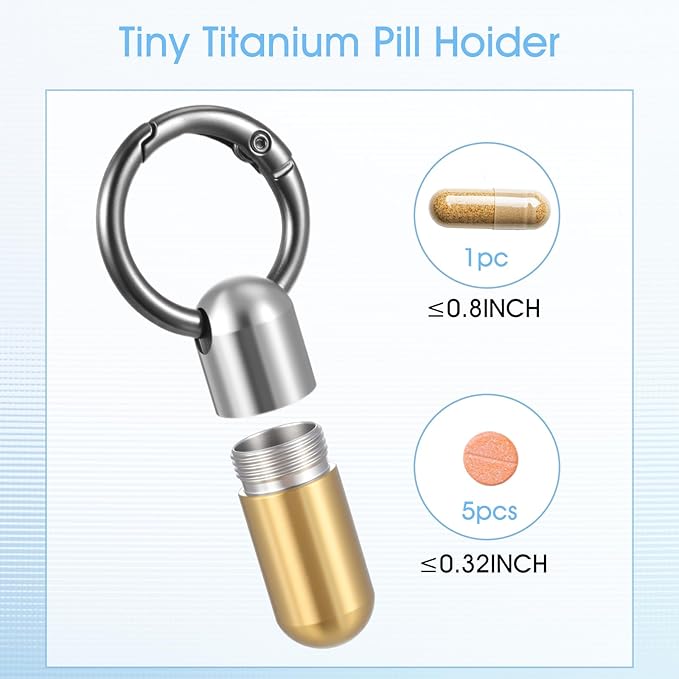 Small Pill Case Keychain Tiny Portable Carabiner Clip Pill Holder Bottle Micro Waterproof Metal Pill Container Mini Emergency Medicine Organizer (Gold and Silver)