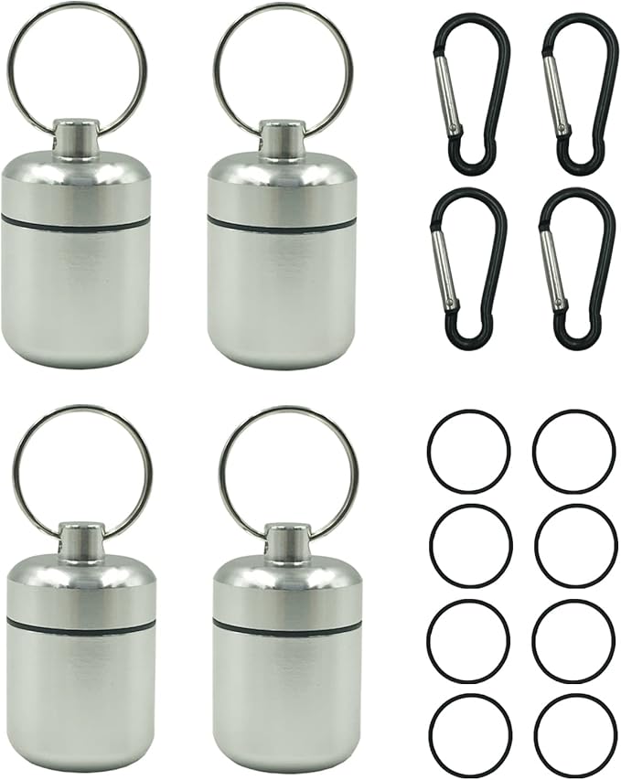 4 Pieces keychain pill holder,Waterproof Seal Small Pill Box Mountaineering Keychain Portable Aluminum Alloy Pill Container Portable Coin Storage earplug case (Silver)