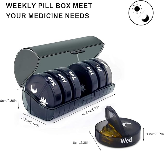 Weekly Pill Organizer 2 Times a Day，Pill Cases Organizers 7 Day，Round Mini Travelling Moisture Resistant 14 Compartment, Pill Box to Organize Pills/Vitamins/Fish Oil/Health Supplements(Black)