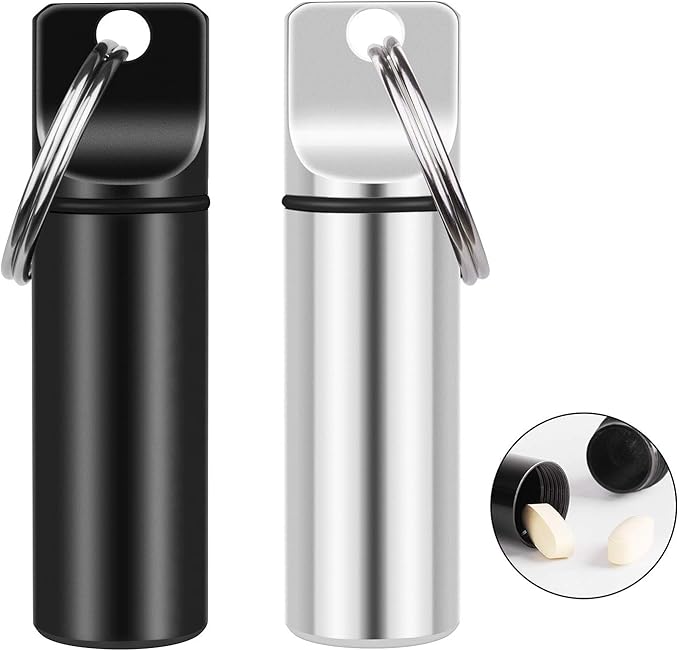 2 Pack Small Pocket Pill Box Keychain, Portable Mini Aluminium Alloy Pill Organizer Case Container for Purse, Waterproof Metal Pill Holder Medicine Bottle for Outdoor Camping Travel (Black & White)