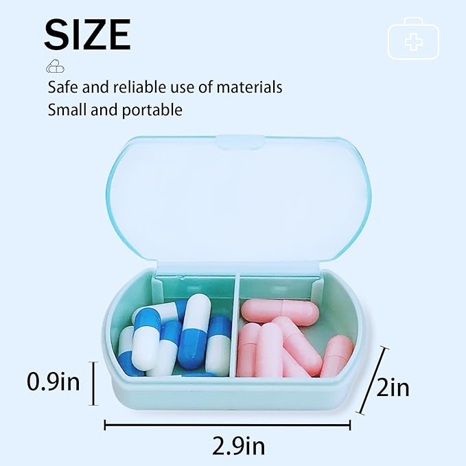 2PCS Small Pill Case Travel Pill Box Cute Pill Organizer for Purse Portable Daily Medicine Organizer 2 Compartment Pill Holder for Vitamins, Fish Oil, Supplements